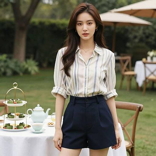 Photograph of an Asian woman with long dark hair, wearing a white striped blouse and black high-waisted shorts, standing in a lush garden with