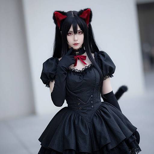 Photograph of a pale-skinned woman with black hair, red eyes, and cat ears, wearing a black gothic dress, gloves, and a