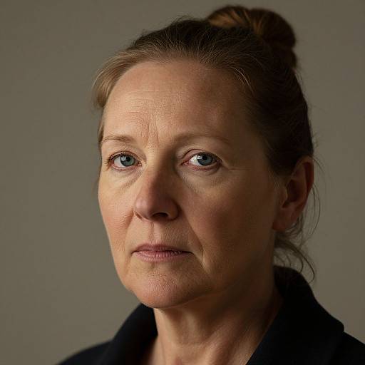 Photograph of a middle-aged woman with fair skin, blue eyes, and brown hair in a bun, wearing a black top, against a gray background