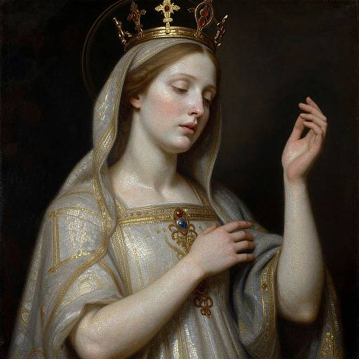 Photorealistic painting of a pale-skinned, delicate-faced queen with a golden crown and veil, wearing an ornate, silver and gold gown,