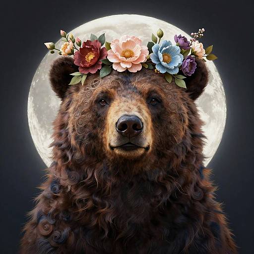 Bear with Flower Crown and Full Moon