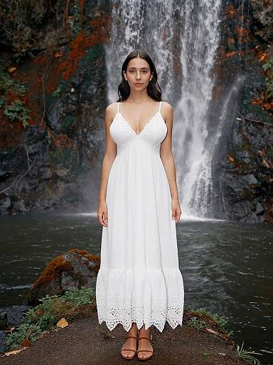 Photograph of a woman with long black hair, wearing a white lace dress and brown sandals, standing in front of a cascading waterfall in a lush