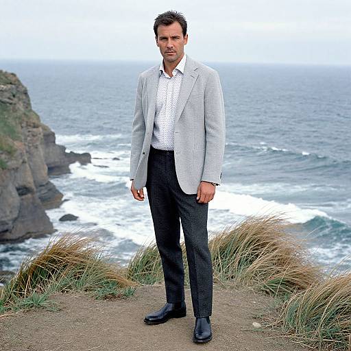 Man on Coastal Cliffs in Stylish Attire