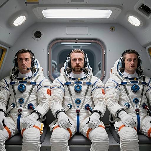 Three Astronauts in Spacecraft Cabin