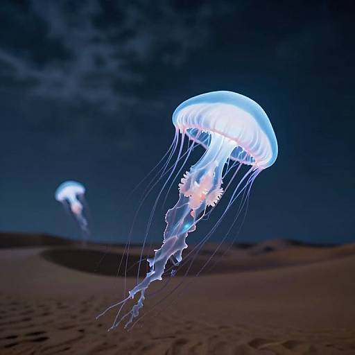 Photograph of glowing blue jellyfish with translucent, flowing tentacles, floating above a dark, sandy desert under a night sky.