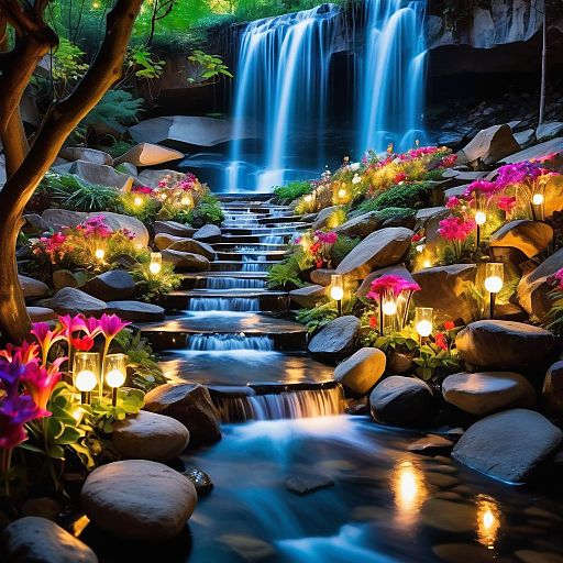 Enchanting Garden with Fairy Lights and Waterfall