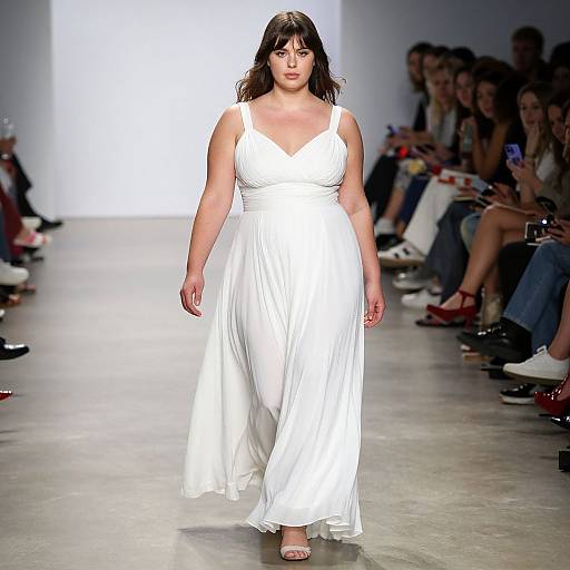 Photograph of a plus-sized woman with dark hair, wearing a white, sleeveless, V-neck, floor-length dress, confidently walking a fashion runway
