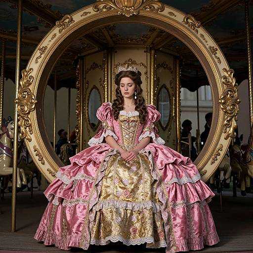 Photograph of a fair-skinned woman with long brown hair, wearing an elaborate pink and gold baroque-style ball gown, crown, and lace trim