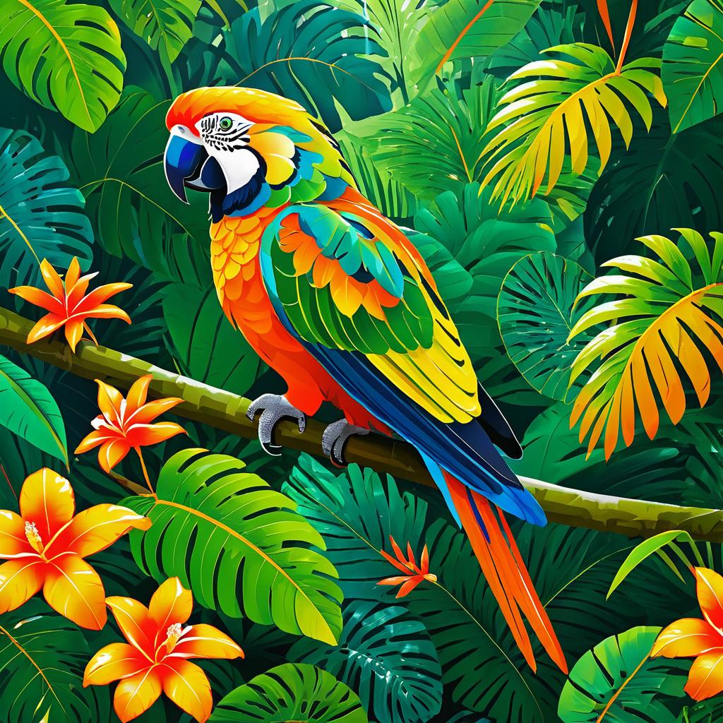 Vibrant Parrot Mural in Tropical Rainforest