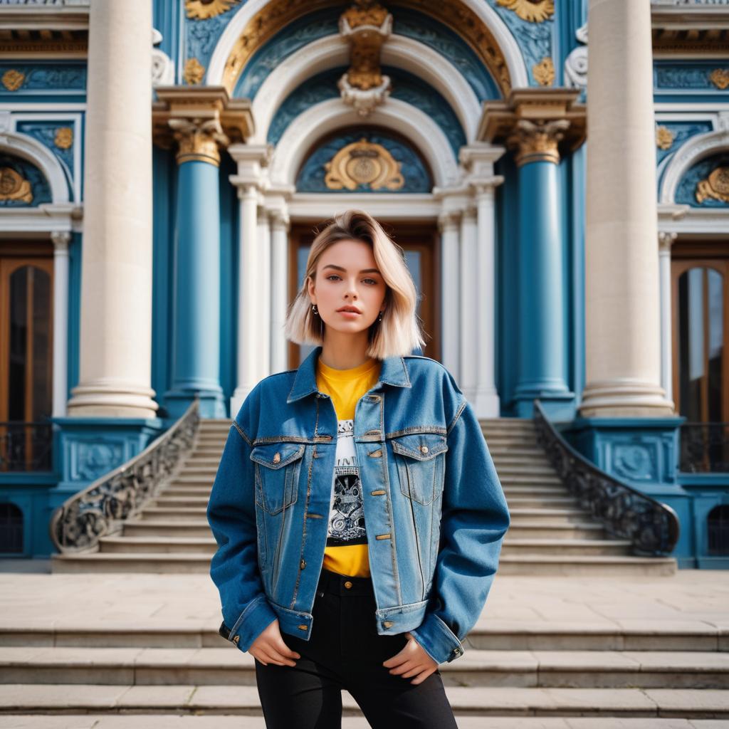 Vibrant Fashion Portrait Against Classic Architecture