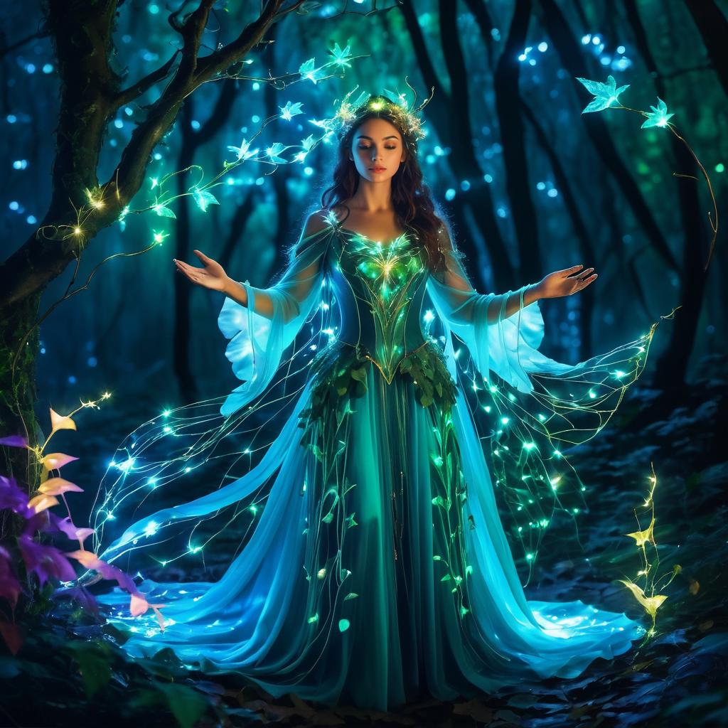 Enchanting Druid in Bioluminescent Forest