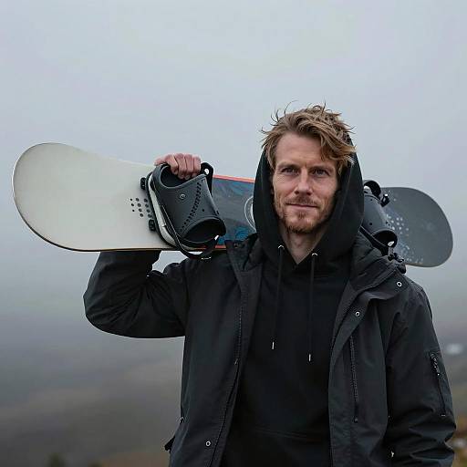 Man Carrying Snowboard in Foggy Setting