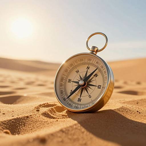 Photograph of a silver compass lying on golden sand dunes at sunset, with clear blue sky in the background.