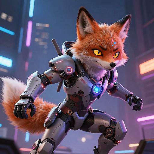 CGI image of an anthropomorphic, cybernetic fox with orange fur and glowing yellow eyes, wearing a futuristic robotic suit, set in a neon