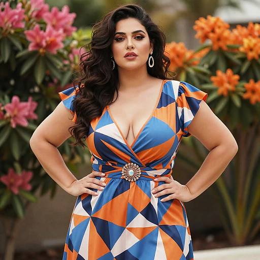 Photograph of a curvy woman with long black hair, wearing a low-cut, geometric-patterned dress, orange, blue, and white, standing