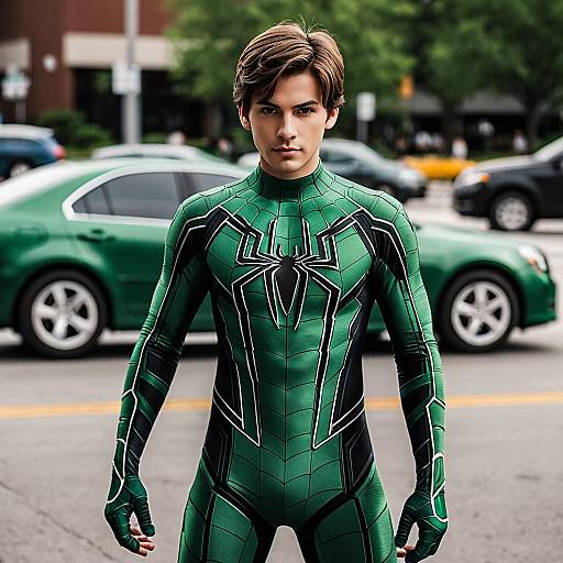 Young Man in Green Spider-Man Bodysuit