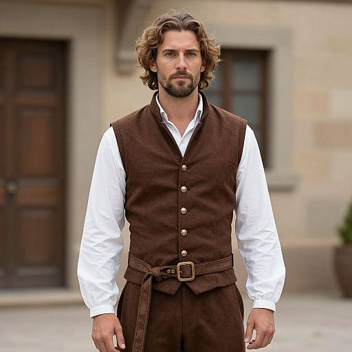 Photograph of a handsome man with wavy brown hair and beard, wearing a white shirt and brown vest, standing in front of a stone building with