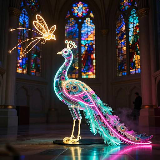 Glowing neon peacock with butterfly light sculpture in front of vibrant stained glass windows in a Gothic-style cathedral. Photographic image.