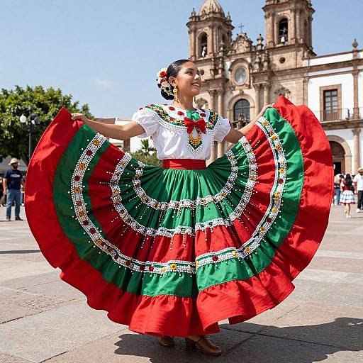 Photograph of a smiling Mexican woman dancing in a traditional red and green embroidered dress, white blouse, and red sash, in front of a historic