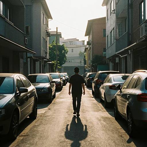Photograph of a solitary man walking down a sunlit, narrow urban street lined with parked cars, flanked by tall buildings. Bright sunlight casts strong
