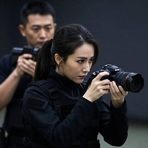 Focused Woman Photographer in Tactical Gear