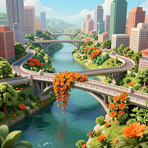 Bright digital artwork of a vibrant cityscape with curved bridges, lush greenery, orange flowers, and blue river, surrounded by tall skyscrapers under