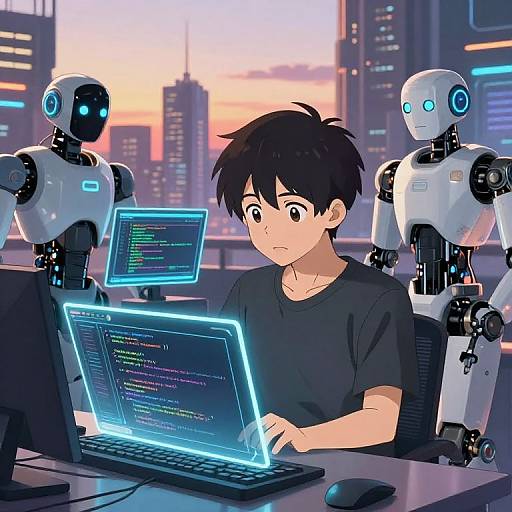 Anime-style digital illustration of a young man with black hair, wearing a black shirt, working on glowing blue laptops, flanked by two futuristic white robots