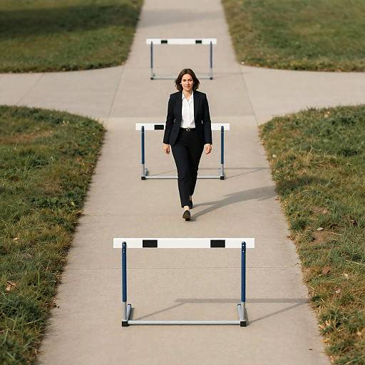 Photograph: Confident woman in black suit and white blouse walks between three white and black-striped obstacles on a concrete path flanked by green grass.