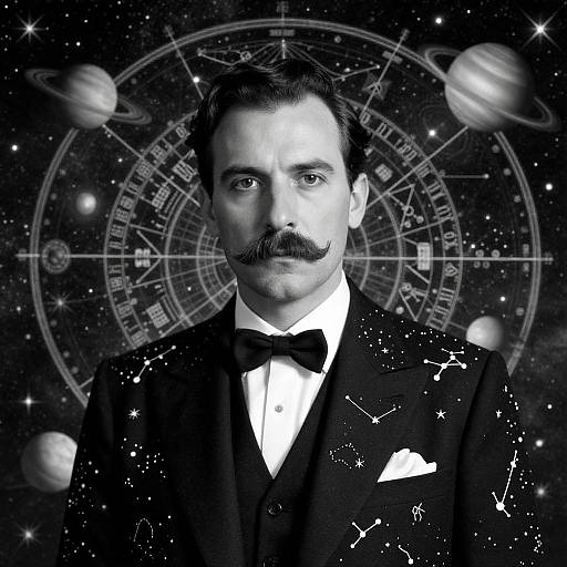 Black-and-white photograph of a mustached man in a tuxedo, with a celestial background featuring planets and zodiac patterns.