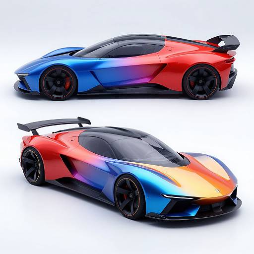 Digital illustration of two sleek, high-performance sports cars with gradient red-blue and orange-blue color schemes, black rims, and aerodynamic designs. Top car
