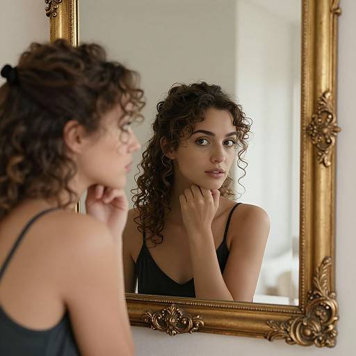Photograph of a curly-haired woman in black tank top, contemplatively gazing at herself in an ornate gold-framed mirror.