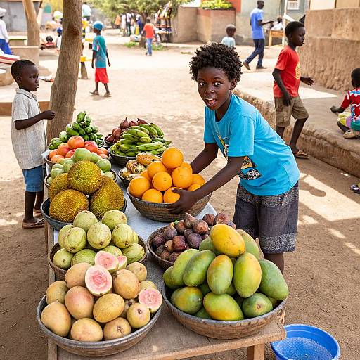 Photograph of a young African boy in a blue shirt selling colorful fruits like melons, oranges, and pineapples at an outdoor market, with