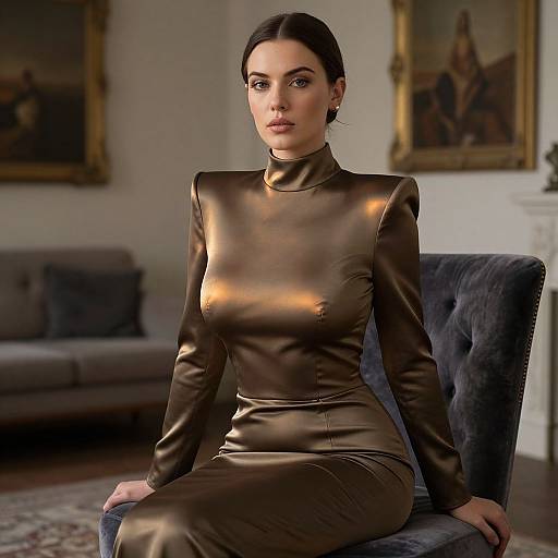 Photograph of a dark-haired woman with fair skin, wearing a shiny brown, long-sleeve, high-neck dress, seated on a blue velvet