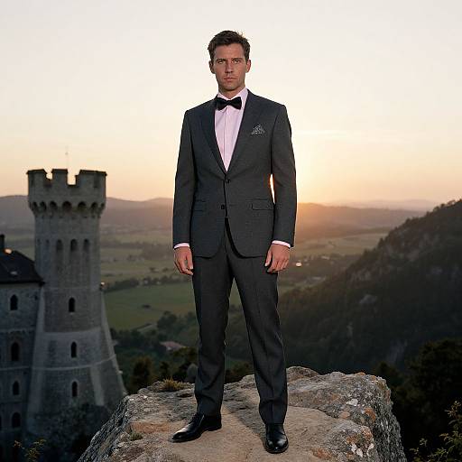 Photograph of a handsome man in a black tuxedo with white shirt and bow tie, standing on a rocky outcrop at sunset, with a