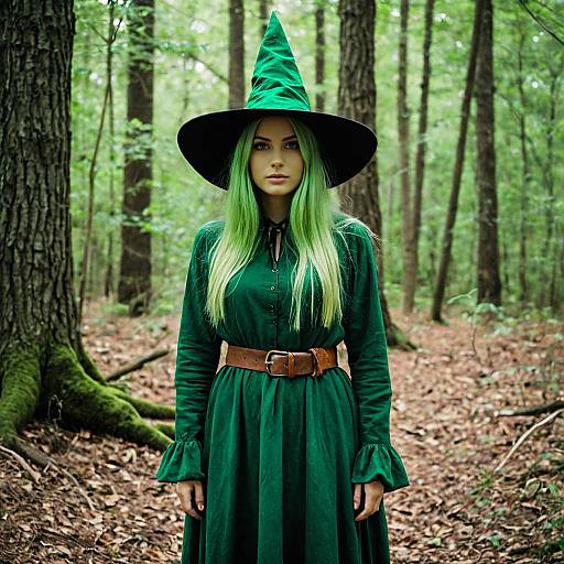 Woman in Green Witch Costume in Forest