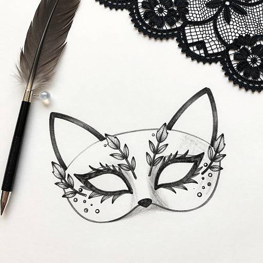 Elegant Cat Mask Illustration with Feathers