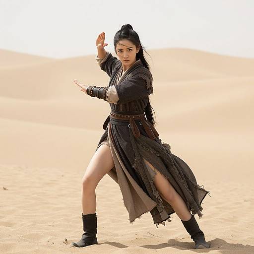 Photograph of an Asian woman with black hair in a ponytail, wearing a long, dark, tribal-style dress, black boots, and bracelets,