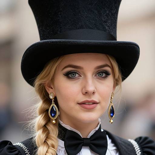 Photograph of a blonde woman with blue eyes, wearing a black top hat, black Victorian-style dress, and blue teardrop earrings, with a