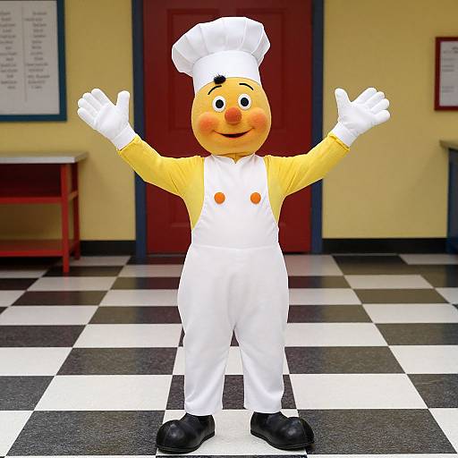 Photorealistic CGI of a cheerful cartoon chef with orange skin, white uniform, white hat, black shoes, and raised arms, standing in a check