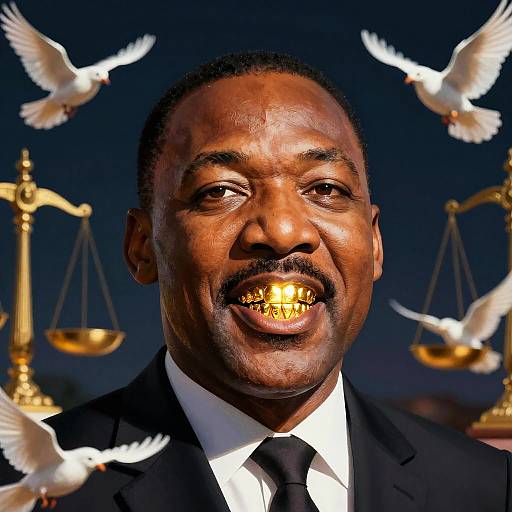 Photograph of a smiling Black man with glowing gold teeth, wearing a black suit and white shirt, surrounded by white doves and golden scales of justice