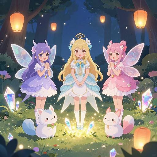Anime-style digital illustration of three fairy girls with wings in a magical forest at night, surrounded by glowing crystals and lanterns.
