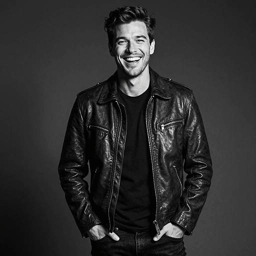 Black-and-white photograph of a smiling man with short dark hair, wearing a black leather jacket over a black t-shirt, hands in pockets, against a