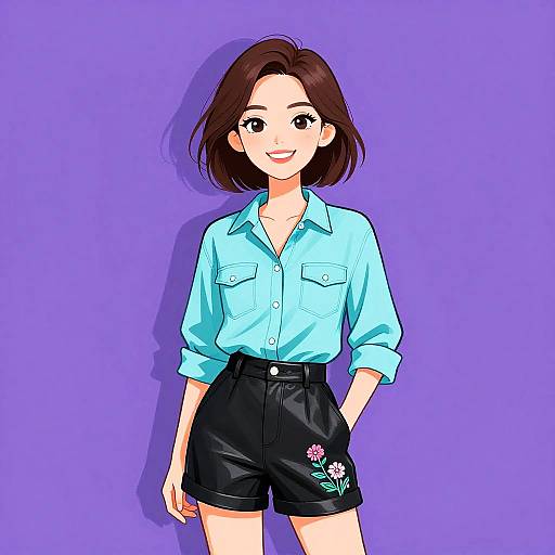 Digital anime-style drawing of a smiling young woman with short brown hair, wearing a light blue shirt and black shorts with floral embroidery, against a solid purple