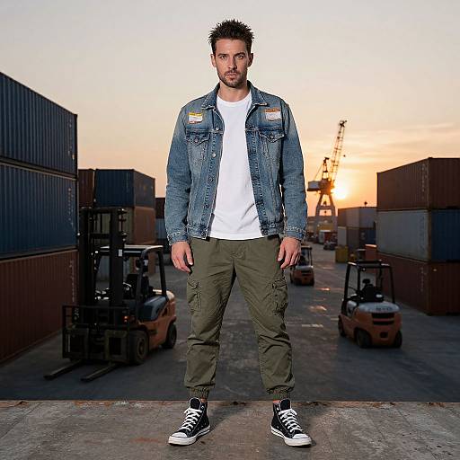 Photograph of a bearded man with spiky hair, wearing a denim jacket, white shirt, olive cargo pants, and black sneakers, standing in