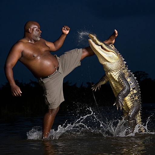 Photograph: Muscular, bald Black man in beige shorts kicks a large, golden alligator in dark, nighttime water, splashing dramatically.