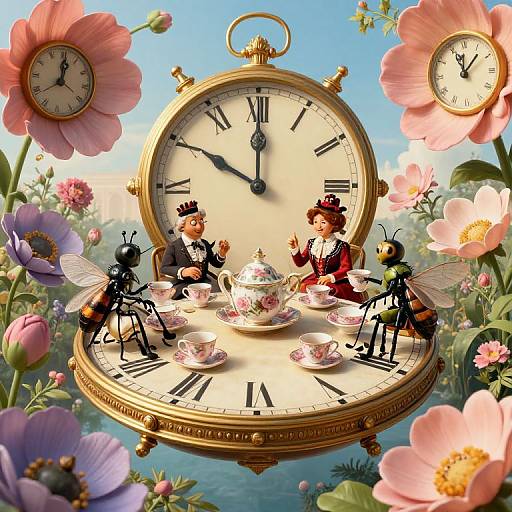 Digital artwork of a large, ornate clock with Roman numerals, featuring two Victorian-style people, and two bees having tea among pink flowers. Clock