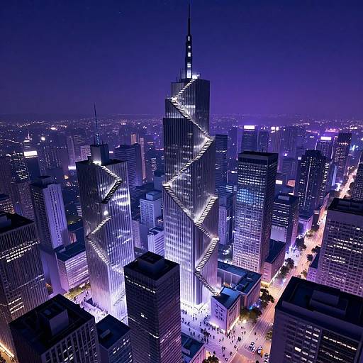 Aerial photograph of a vibrant, illuminated cityscape at night, featuring blue and purple lights on skyscrapers, with a prominent central tower and bustling