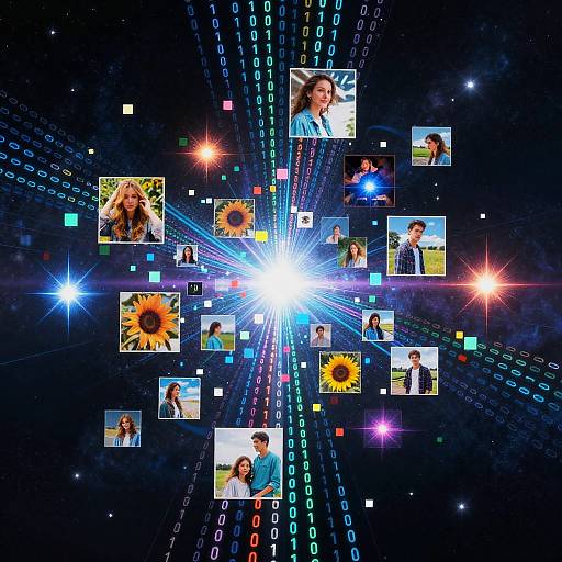 Digital collage of various photos of a smiling woman and man, surrounded by bright stars, colorful light rays, and binary code.