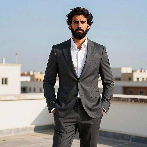 Photograph of a bearded man with curly black hair, wearing a dark gray suit and white shirt, standing on a rooftop with white buildings in the