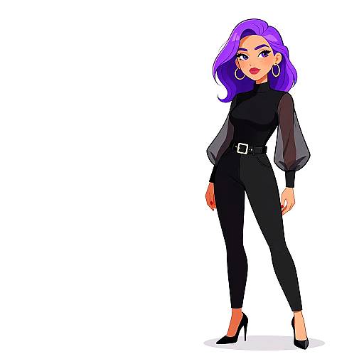 Digital anime-style illustration of a confident woman with purple hair, wearing a black sheer long-sleeve top, black pants, and high heels, standing